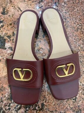 Valentino Garavani Burgundy Leather Mules with Gold V Logo